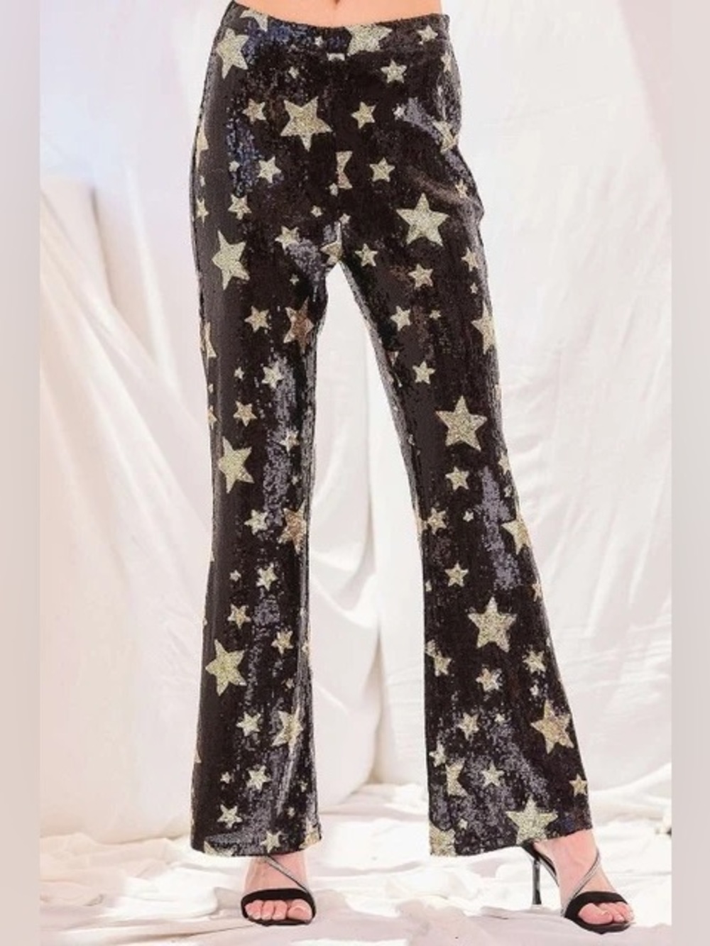 High-Waist Black Sequin Wide-Leg Star Pants